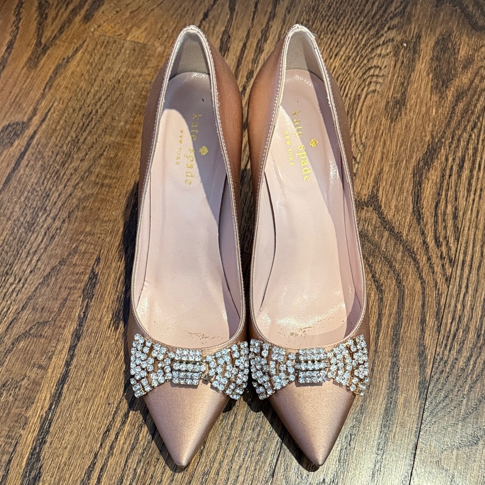Kate Spade Shimmering Gold Heels with Crystal Bow